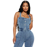 Sleeveless Strapless Pure Color Sexy Street Style Denim Jumpsuits Long