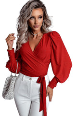 Fiery Red Glitter Wrap V Neck Tie Hem Puff Sleeve Blouse