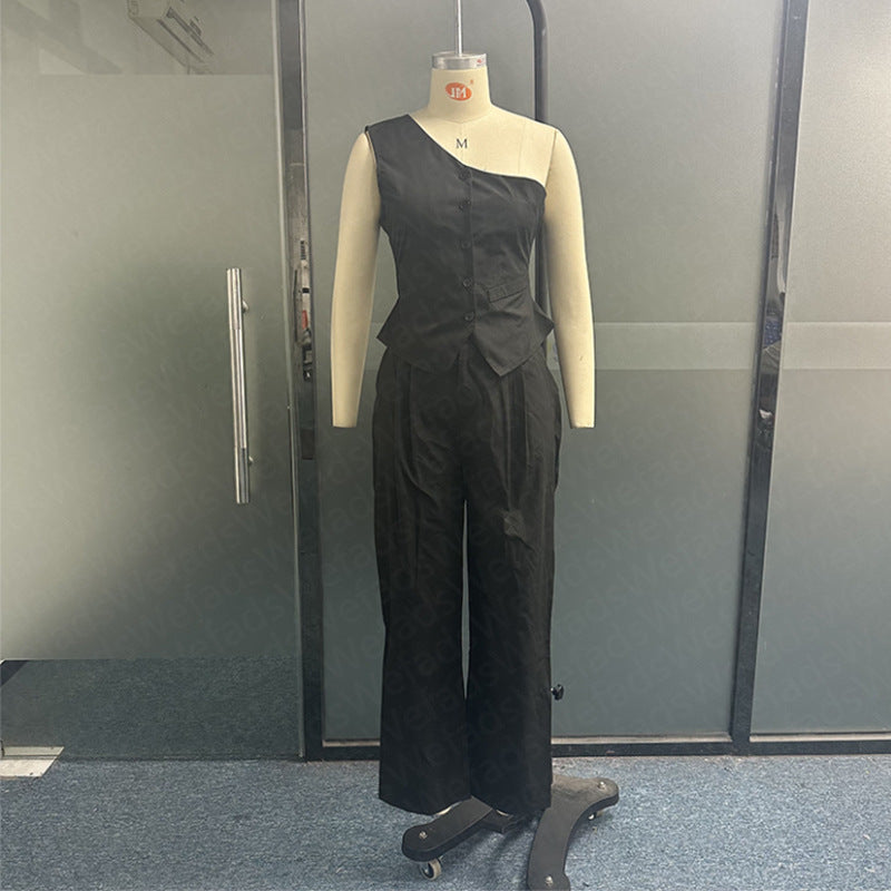 Sleeveless High Waist Straight Pants Casual Suit