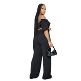 One-Shoulder Ruffled Crop Top and Wide-Leg Pants Set