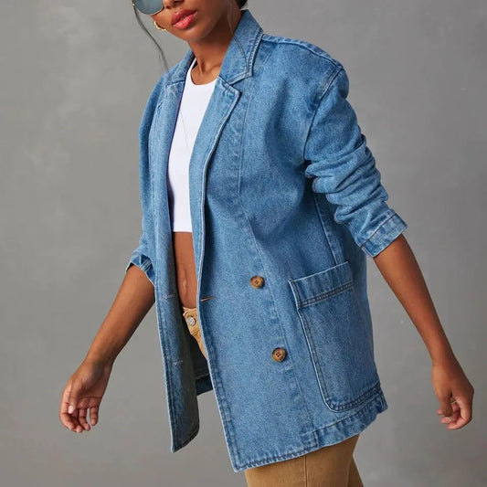 Vintage Blue Denim Jacket Turn-down Collar Solid Color Jackets Coat